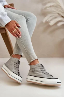 Big Star Shoes Trampki Ocieplane|Trampki Damskie Big Star*Ocieplane Trampki Damskie Na Platformie Eko Skórzane Big Star OO274070 Szare