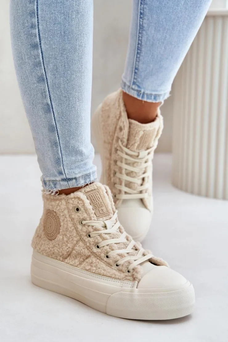 Damskie Big Star Shoes Ocieplane Trampki Damskie Z Futerkiem Typu Baranek Big Star OO274A444 Beżowe
