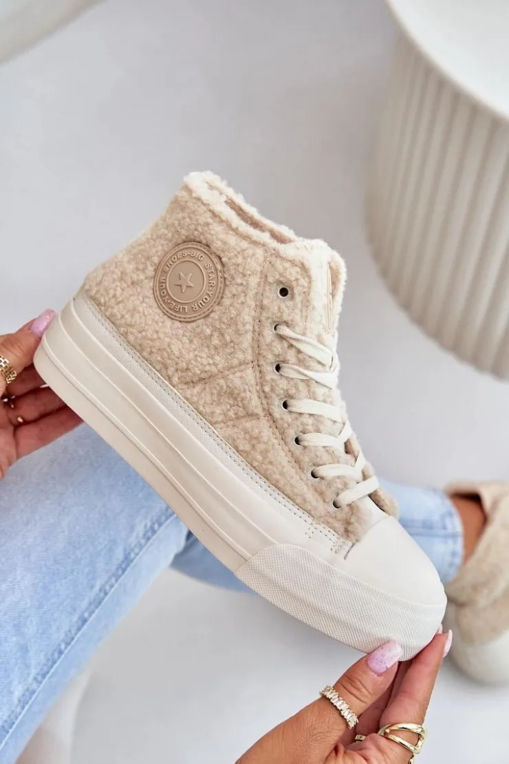 Damskie Big Star Shoes Ocieplane Trampki Damskie Z Futerkiem Typu Baranek Big Star OO274A444 Beżowe