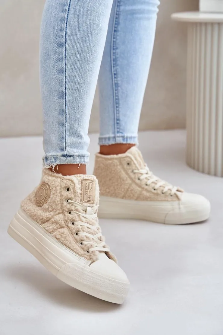 Damskie Big Star Shoes Ocieplane Trampki Damskie Z Futerkiem Typu Baranek Big Star OO274A444 Beżowe