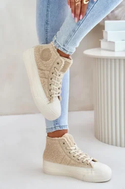 Damskie Big Star Shoes Ocieplane Trampki Damskie Z Futerkiem Typu Baranek Big Star OO274A444 Beżowe