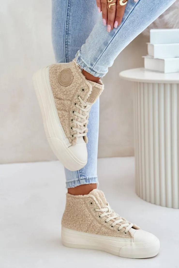 Damskie Big Star Shoes Ocieplane Trampki Damskie Z Futerkiem Typu Baranek Big Star OO274A444 Beżowe