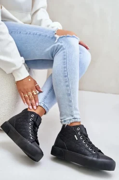 Damskie Big Star Shoes Ocieplane Trampki Damskie Z Przeszyciami Big Star OO274A480 Czarne