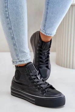Big Star Shoes Trampki Damskie Big Star|Trampki Damskie Wysokie*Ocieplane Trampki Damskie Na Platformie OO274A471 Czarne Czarny