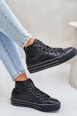 Big Star Shoes Trampki Damskie Big Star|Trampki Damskie Wysokie*Ocieplane Trampki Damskie Na Platformie OO274A471 Czarne Czarny