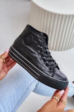 Big Star Shoes Trampki Damskie Big Star|Trampki Damskie Wysokie*Ocieplane Trampki Damskie Na Platformie OO274A471 Czarne Czarny