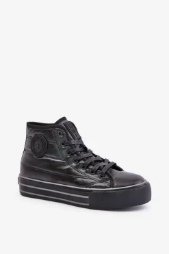 Big Star Shoes Trampki Damskie Big Star|Trampki Damskie Wysokie*Ocieplane Trampki Damskie Na Platformie OO274A471 Czarne Czarny