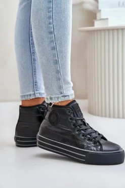 Big Star Shoes Trampki Damskie Big Star|Trampki Damskie Wysokie*Ocieplane Trampki Damskie Na Platformie OO274A471 Czarne Czarny