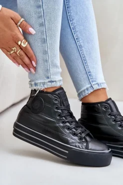 Big Star Shoes Trampki Damskie Big Star|Trampki Damskie Wysokie*Ocieplane Trampki Damskie Na Platformie OO274A471 Czarne Czarny