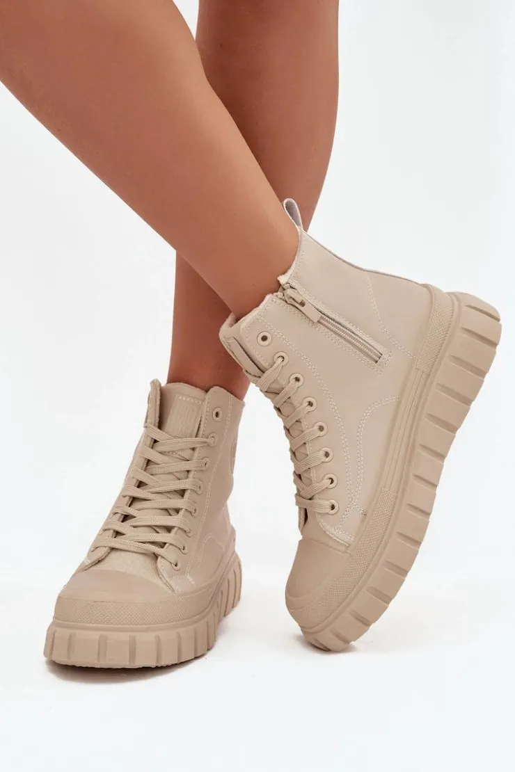 Big Star Shoes Trampki Damskie Big Star|Trampki Damskie Wysokie*Ocieplane Trampki Damskie Na Platformie Z Eko Skóry Big Star SS274535 Beżowe