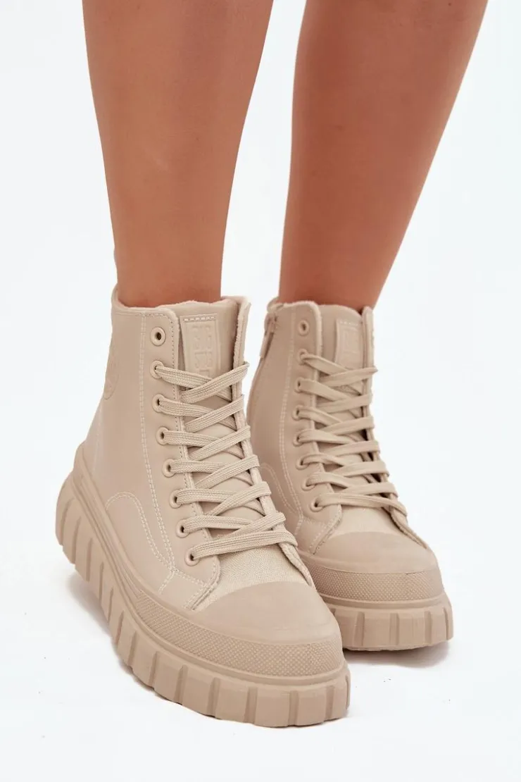 Big Star Shoes Trampki Damskie Big Star|Trampki Damskie Wysokie*Ocieplane Trampki Damskie Na Platformie Z Eko Skóry Big Star SS274535 Beżowe