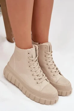 Big Star Shoes Trampki Damskie Big Star|Trampki Damskie Wysokie*Ocieplane Trampki Damskie Na Platformie Z Eko Skóry Big Star SS274535 Beżowe