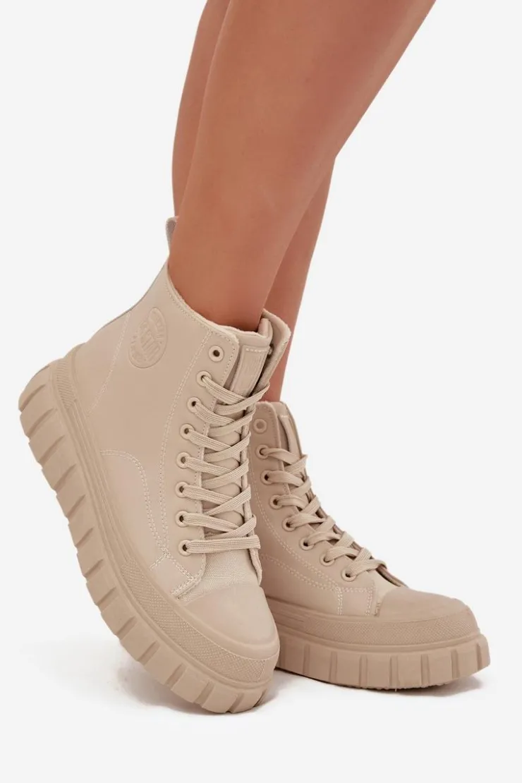 Big Star Shoes Trampki Damskie Big Star|Trampki Damskie Wysokie*Ocieplane Trampki Damskie Na Platformie Z Eko Skóry Big Star SS274535 Beżowe