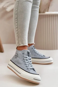 Sale Big Star Shoes Ocieplane Trampki Damskie Na Platformie Eko Skórzane Big Star OO274069 e Niebieski