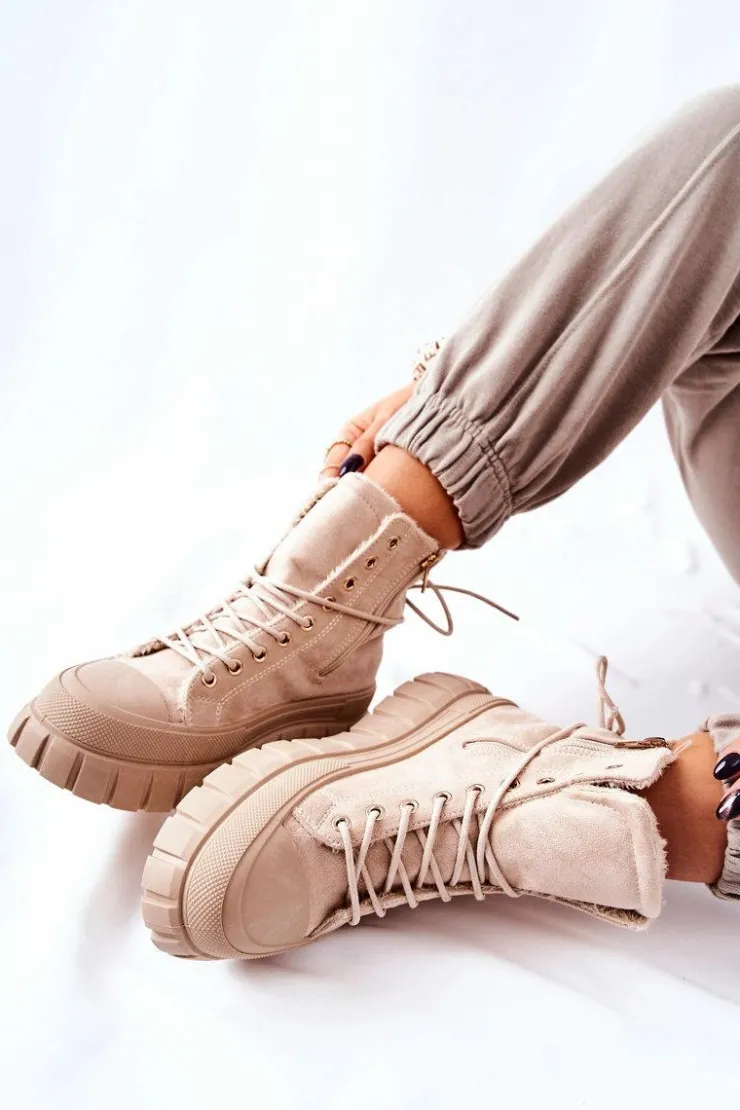 Boto Trampki Ocieplane|Trampki Damskie Wysokie*Ocieplane Trampki Na Platformie Beżowe Marlow