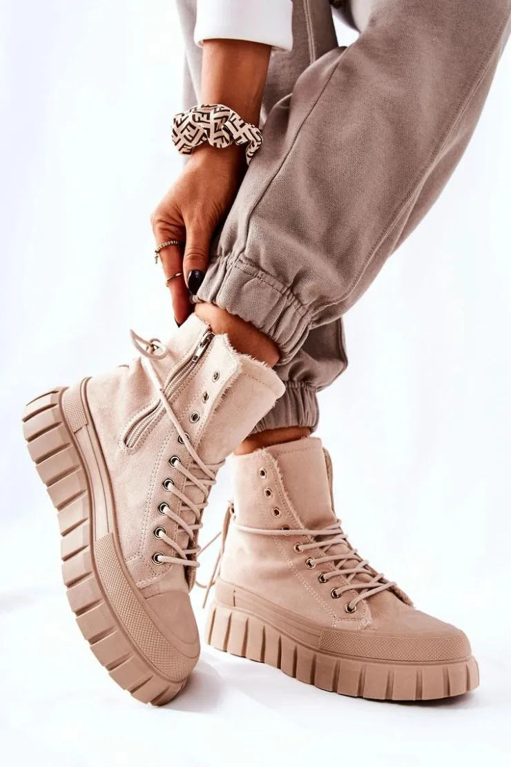 Boto Trampki Ocieplane|Trampki Damskie Wysokie*Ocieplane Trampki Na Platformie Beżowe Marlow