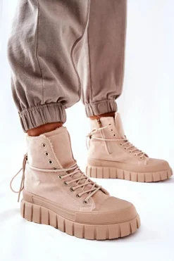 Boto Trampki Ocieplane|Trampki Damskie Wysokie*Ocieplane Trampki Na Platformie Beżowe Marlow