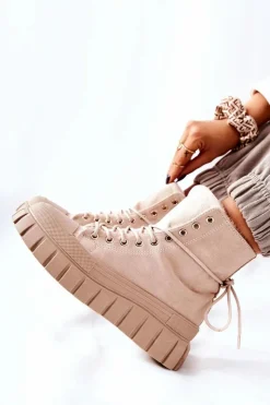 Boto Trampki Ocieplane|Trampki Damskie Wysokie*Ocieplane Trampki Na Platformie Beżowe Marlow