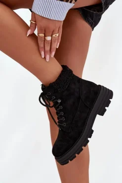 Damskie Boto Ocieplane Trapery Botki Damskie Sznurowane Czarne Lyrinne