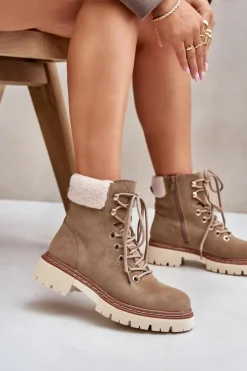 Damskie Boto Ocieplane Trapery Botki Damskie Na Zamek Khaki Ferelia