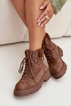 Boto Ocieplane Trapery Botki Damskie Sznurowane Brązowe Lyrinne Brązowy