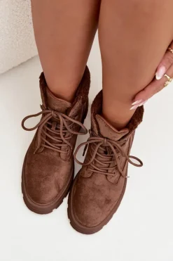 Boto Ocieplane Trapery Botki Damskie Sznurowane Brązowe Lyrinne Brązowy
