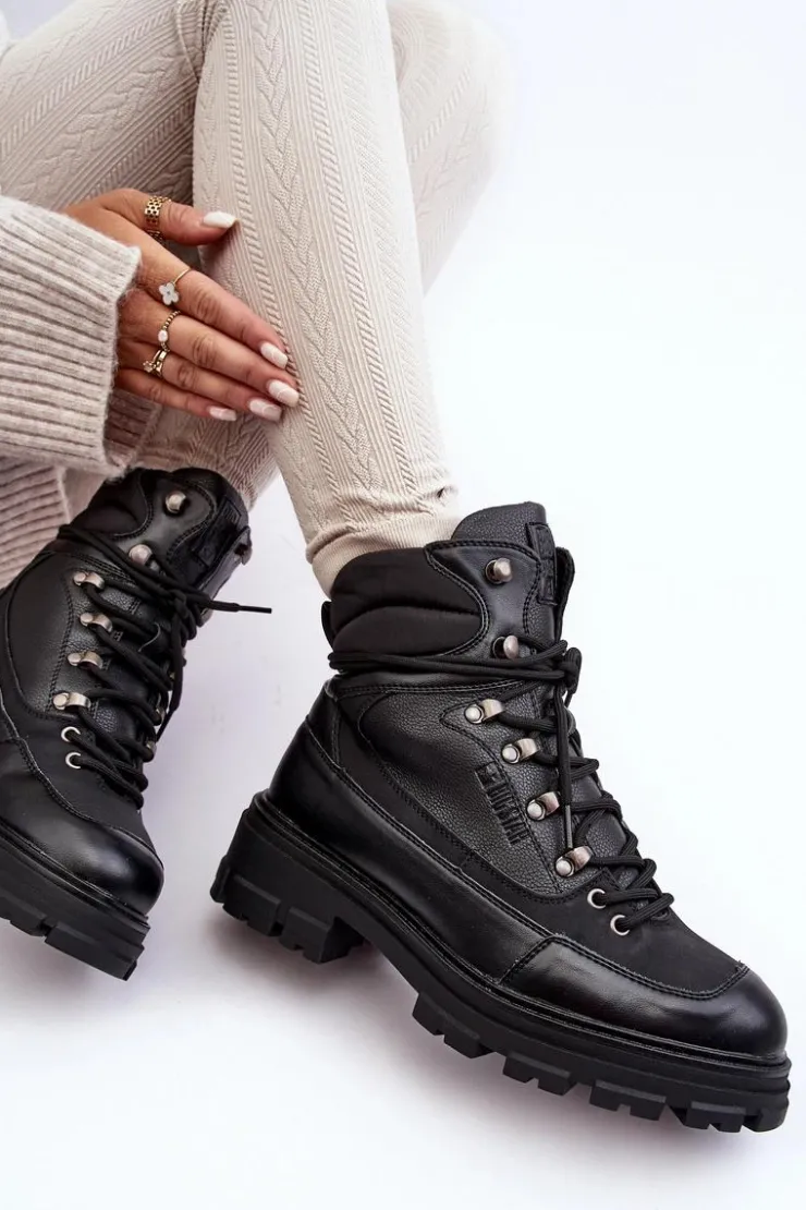 Hot Big Star Shoes Ocieplane Trapery Botki Sznurowane Damskie Czarne Big Star MM274663