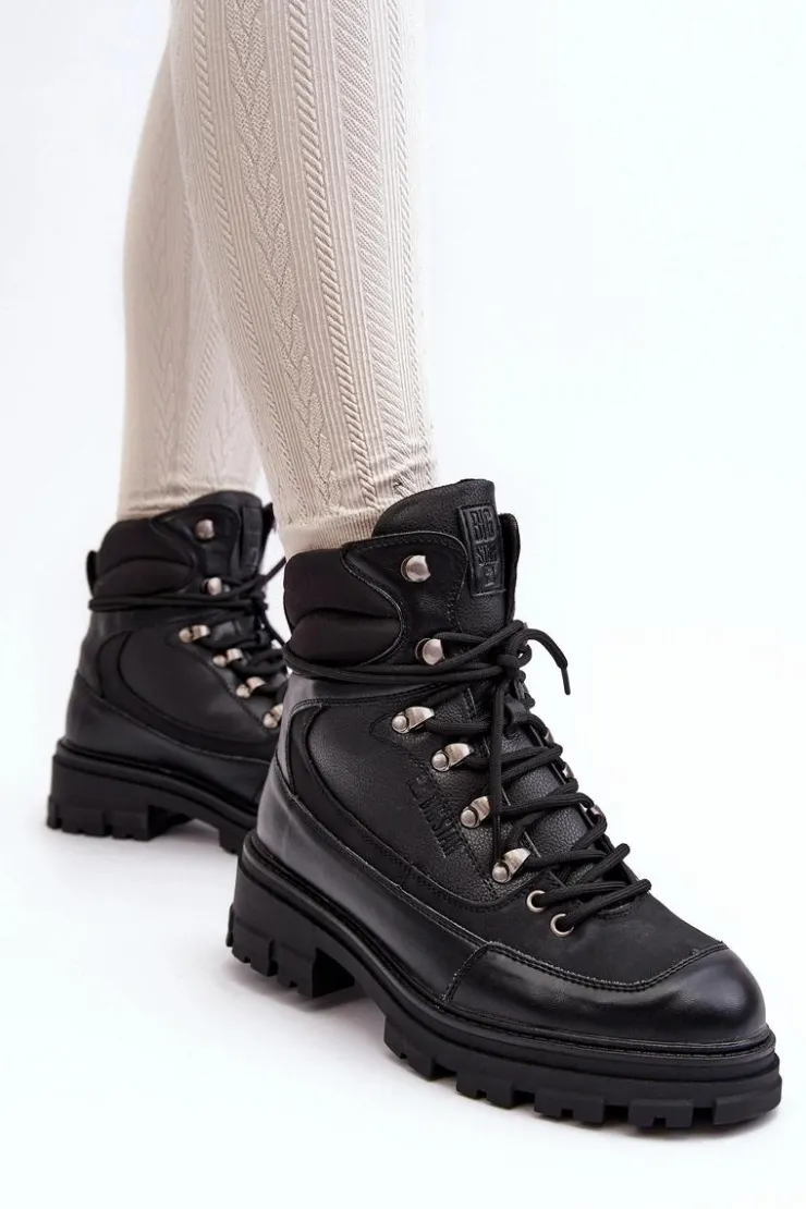 Hot Big Star Shoes Ocieplane Trapery Botki Sznurowane Damskie Czarne Big Star MM274663