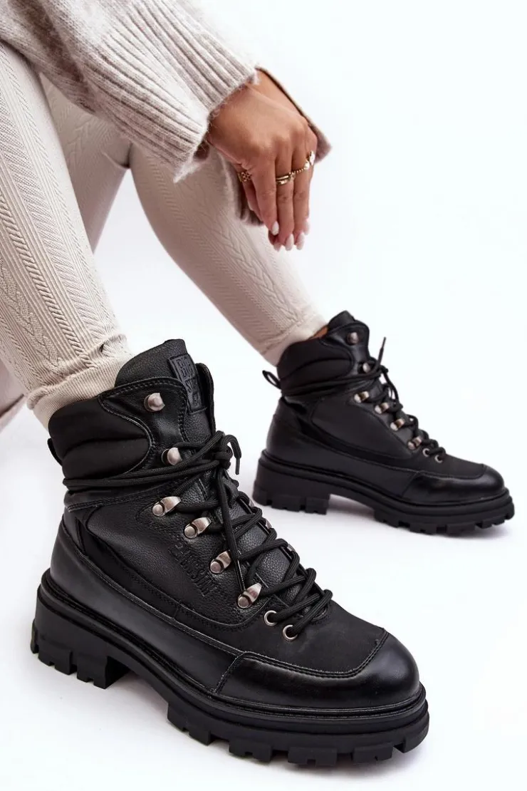 Hot Big Star Shoes Ocieplane Trapery Botki Sznurowane Damskie Czarne Big Star MM274663