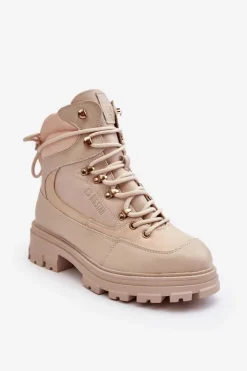 Damskie Big Star Shoes Ocieplane Trapery Botki Sznurowane Damskie Jasnobeżowe Big Star MM274664