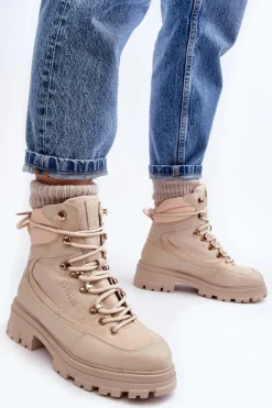 Damskie Big Star Shoes Ocieplane Trapery Botki Sznurowane Damskie Jasnobeżowe Big Star MM274664