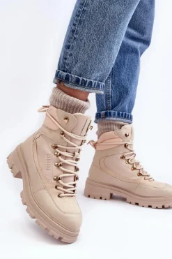Damskie Big Star Shoes Ocieplane Trapery Botki Sznurowane Damskie Jasnobeżowe Big Star MM274664