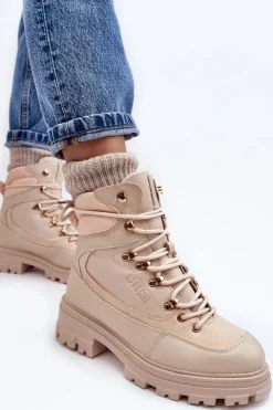 Damskie Big Star Shoes Ocieplane Trapery Botki Sznurowane Damskie Jasnobeżowe Big Star MM274664