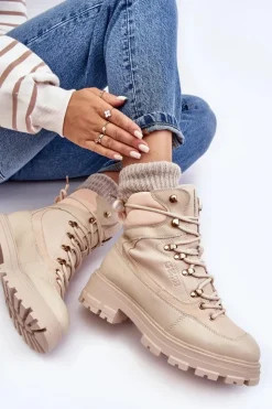 Damskie Big Star Shoes Ocieplane Trapery Botki Sznurowane Damskie Jasnobeżowe Big Star MM274664