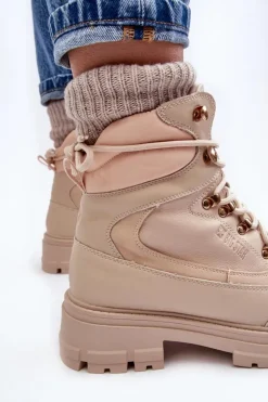 Damskie Big Star Shoes Ocieplane Trapery Botki Sznurowane Damskie Jasnobeżowe Big Star MM274664