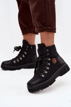 Boto Damskie Trapery|Botki Sznurowane*Ocieplane Trapery Damskie Na Platformie Czarne Zaraine Czarny