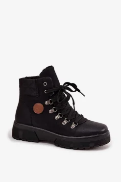 Boto Damskie Trapery|Botki Sznurowane*Ocieplane Trapery Damskie Na Platformie Czarne Zaraine Czarny