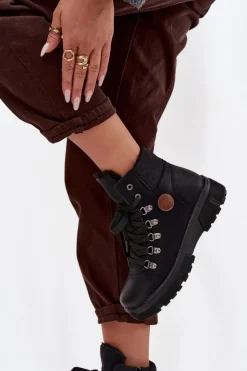 Boto Damskie Trapery|Botki Sznurowane*Ocieplane Trapery Damskie Na Platformie Czarne Zaraine Czarny