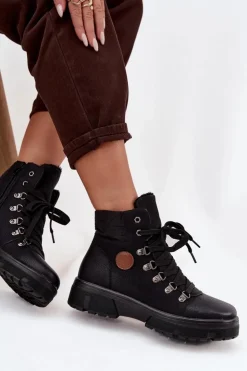 Boto Damskie Trapery|Botki Sznurowane*Ocieplane Trapery Damskie Na Platformie Czarne Zaraine Czarny