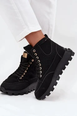 Damskie Boto Ocieplane Trapery Damskie Na Platformie Czarne Marivira