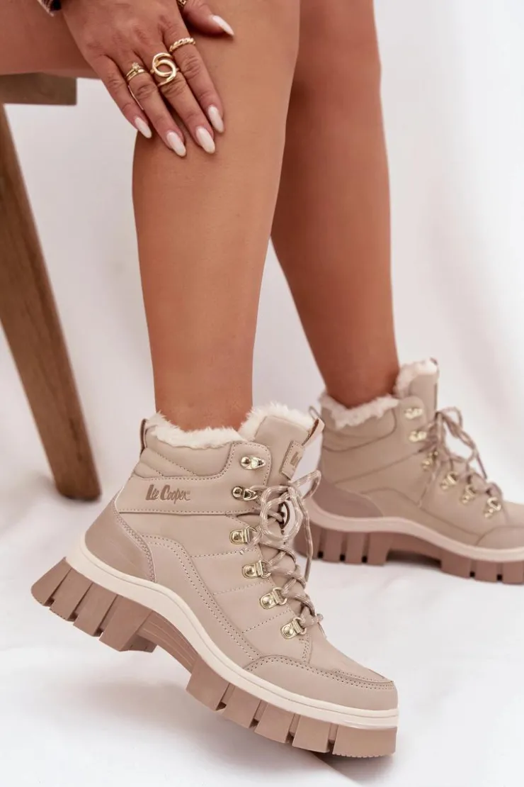 Lee Cooper Trekkingowe Damskie|Botki Ocieplane*Ocieplane Trapery Damskie LCJ-25-31-3910 Beżowe Beżowy