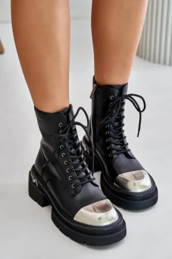 GOE Czarne Botki|Botki Zimowe Damskie*Ocieplane Workery Botki Damskie Ze Skóry Naturalnej OO2N4119 Czarne