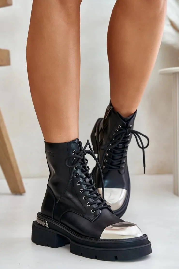 GOE Czarne Botki|Botki Zimowe Damskie*Ocieplane Workery Botki Damskie Ze Skóry Naturalnej OO2N4119 Czarne