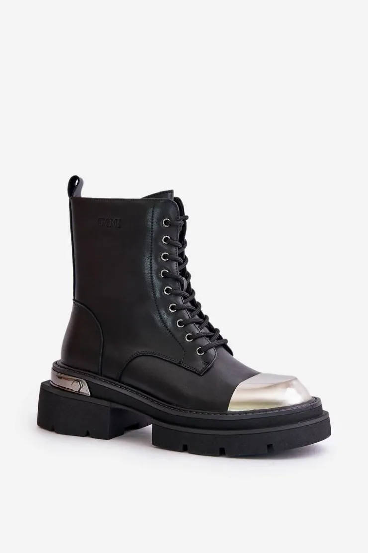 GOE Czarne Botki|Botki Zimowe Damskie*Ocieplane Workery Botki Damskie Ze Skóry Naturalnej OO2N4119 Czarne