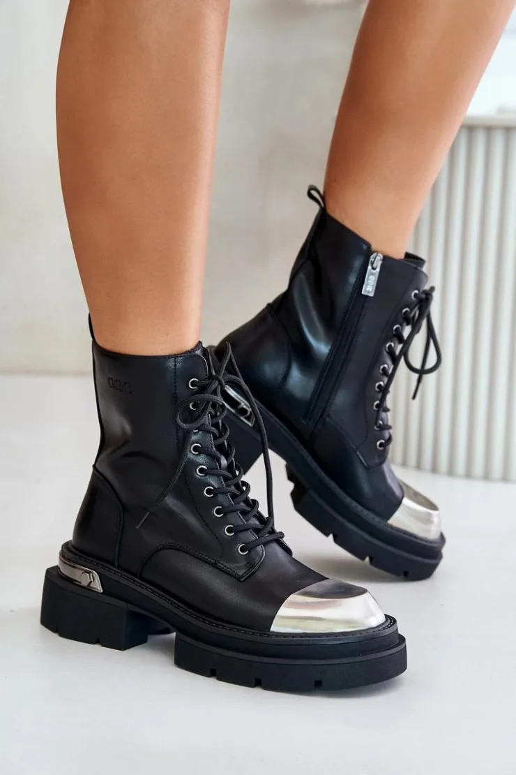 GOE Czarne Botki|Botki Zimowe Damskie*Ocieplane Workery Botki Damskie Ze Skóry Naturalnej OO2N4119 Czarne