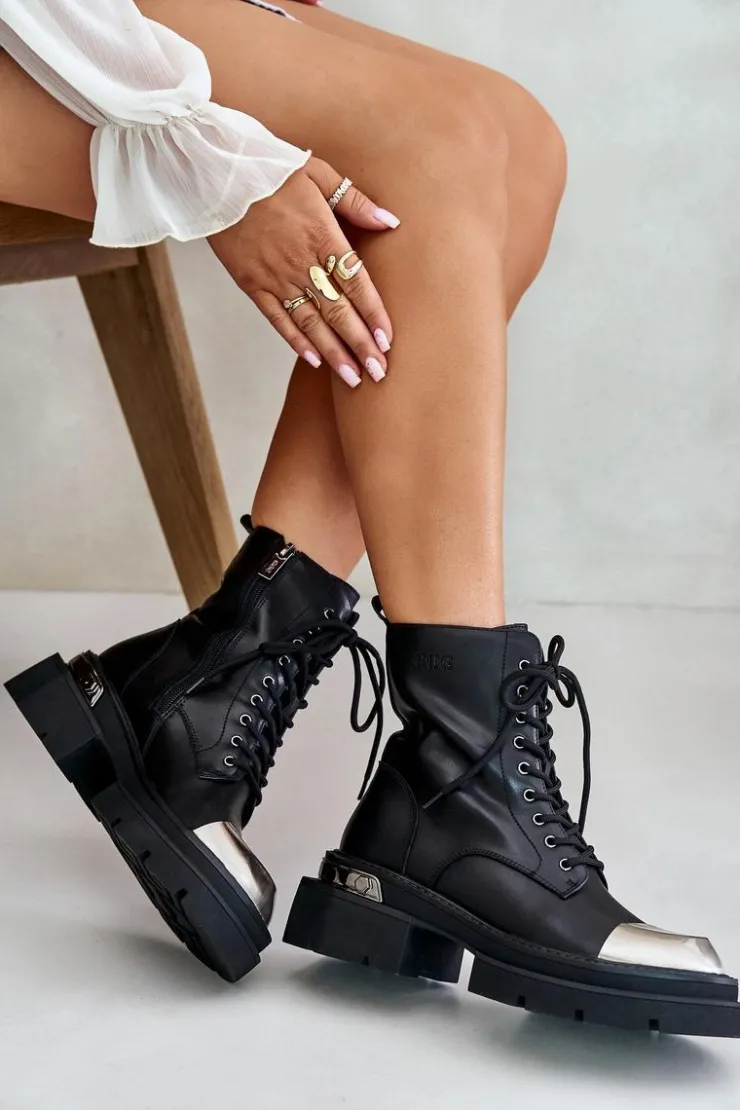 GOE Czarne Botki|Botki Zimowe Damskie*Ocieplane Workery Botki Damskie Ze Skóry Naturalnej OO2N4119 Czarne