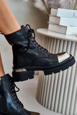 GOE Czarne Botki|Botki Zimowe Damskie*Ocieplane Workery Botki Damskie Ze Skóry Naturalnej OO2N4119 Czarne