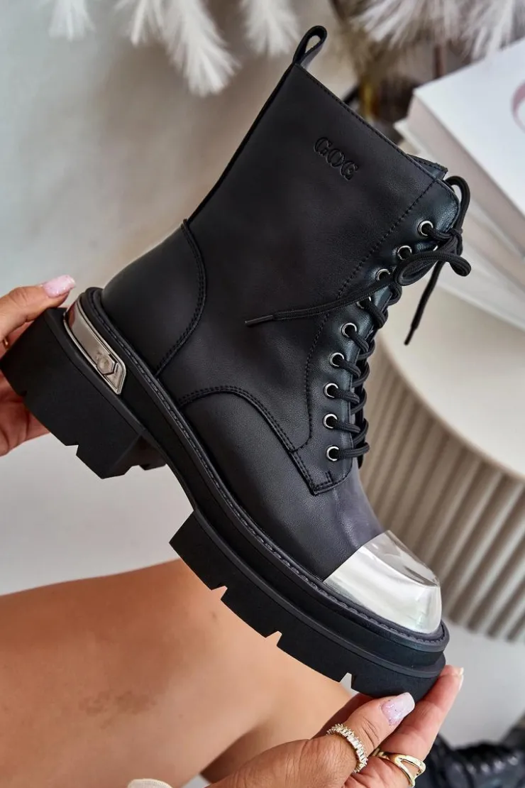 GOE Czarne Botki|Botki Zimowe Damskie*Ocieplane Workery Botki Damskie Ze Skóry Naturalnej OO2N4119 Czarne