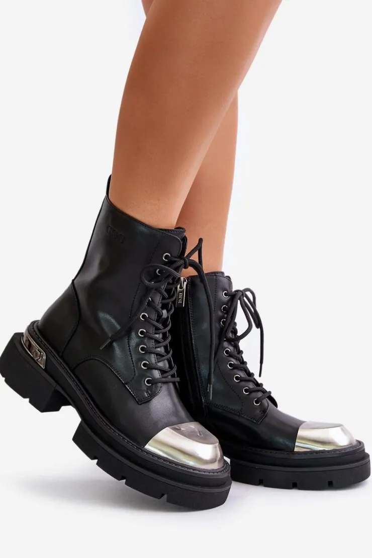 GOE Czarne Botki|Botki Zimowe Damskie*Ocieplane Workery Botki Damskie Ze Skóry Naturalnej OO2N4119 Czarne