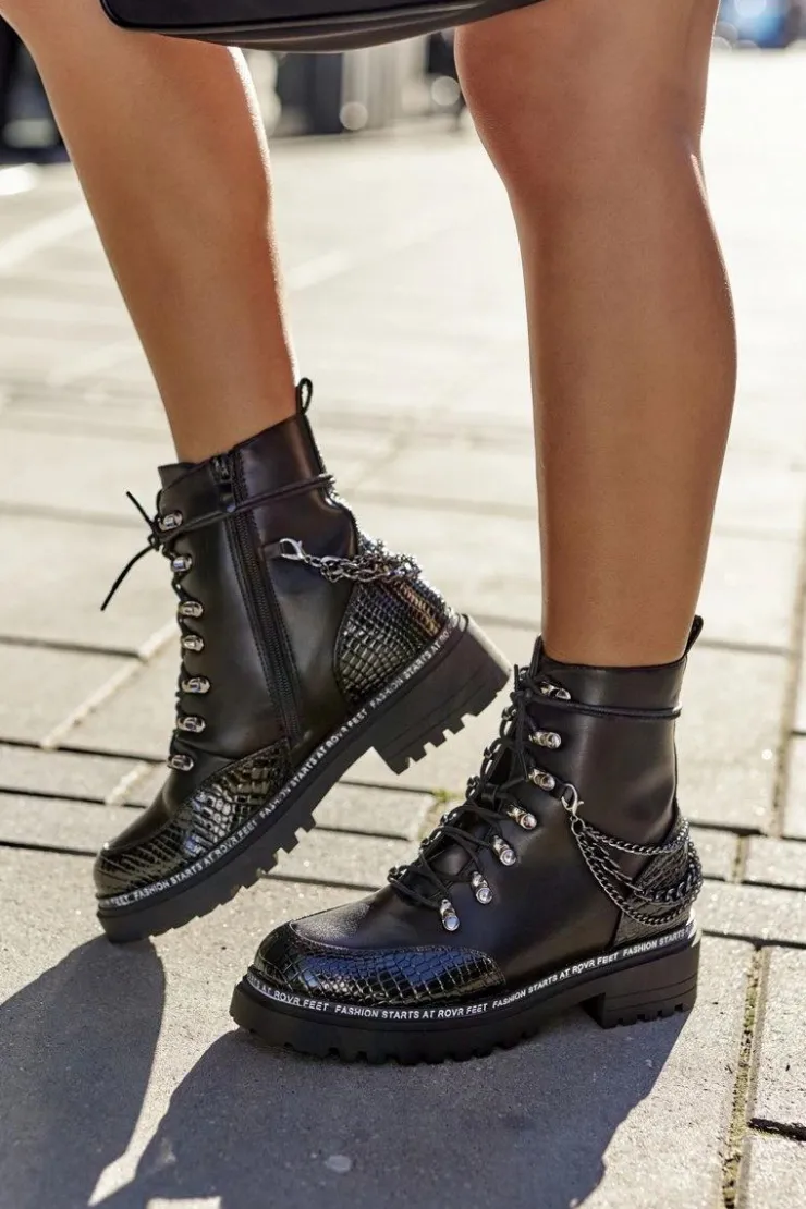 Damskie buty S.Barski Botki Sznurowane|Czarne Botki*Ocieplane Workery Z Łańcuchami Czarne Linus